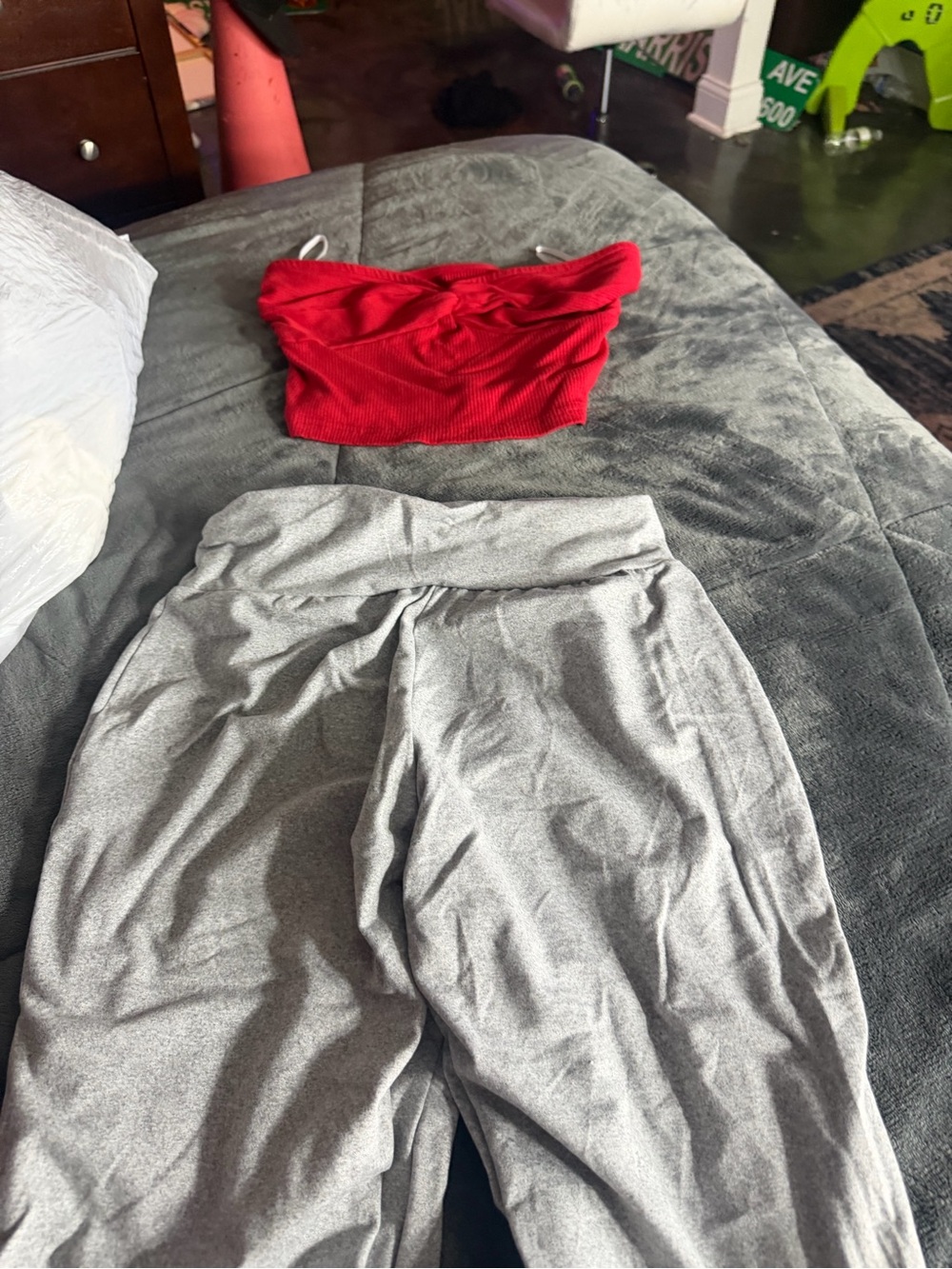 SHEIN Gray High-Waist Leggings with Red Crop Top